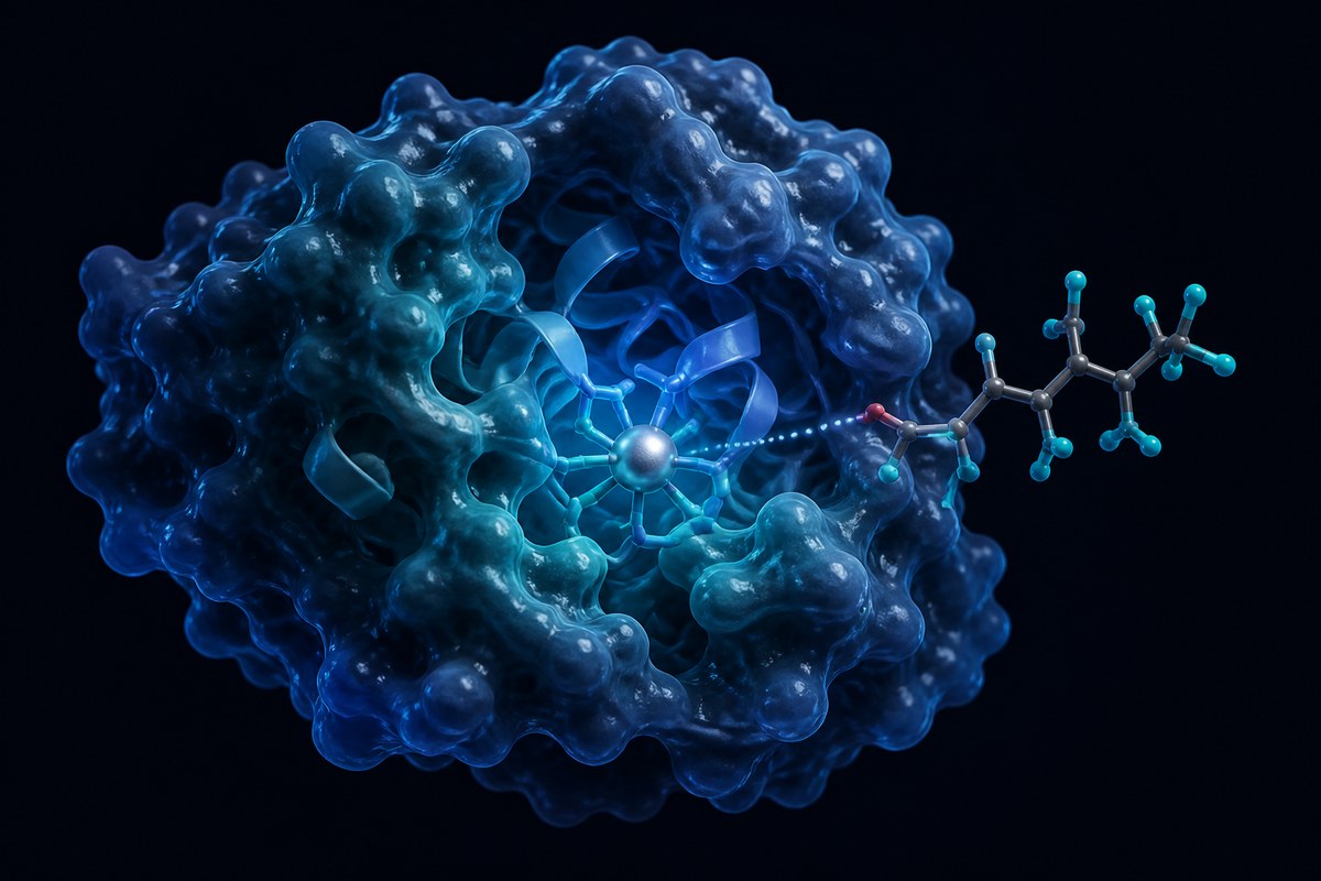 Editorial molecular rendering of a designed protein pocket surrounding a metal cofactor